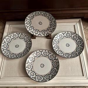 Vintage handpainted Thomas O’Brien porcelain blue gold patterned plates set of 4